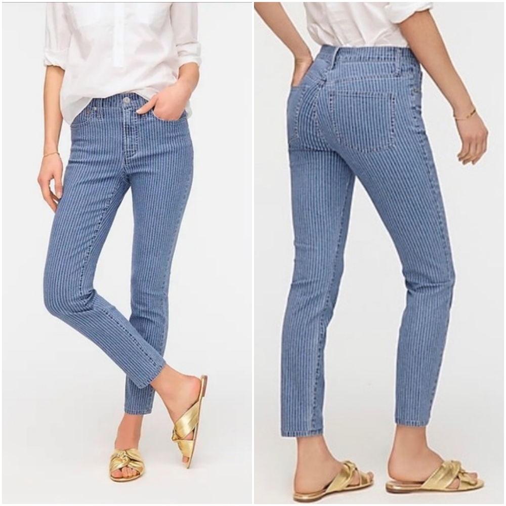J Crew Jeans Toothpick Denim High Rise Pinstripe Striped Skinny Preppy Coastal